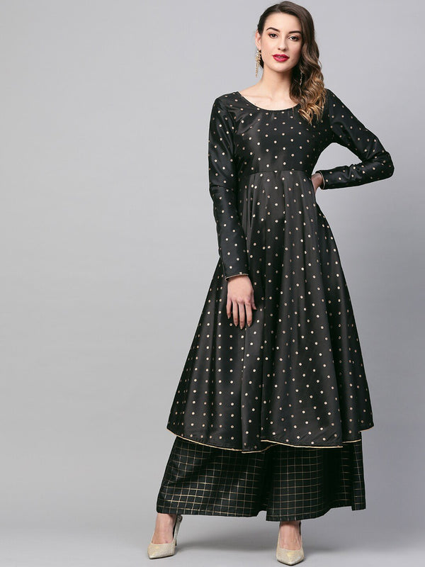 Women's  Black & Golden Woven Design Anarkali Kurta - AKS