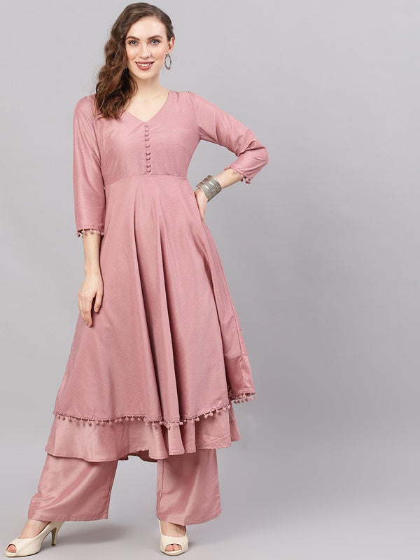 Women's  Pink Solid Kurta with Palazzos - AKS