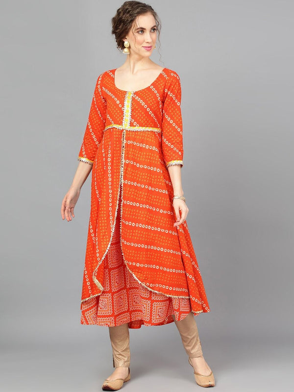 Women's  Orange & White Bandhani Printed A-Line Kurta - AKS