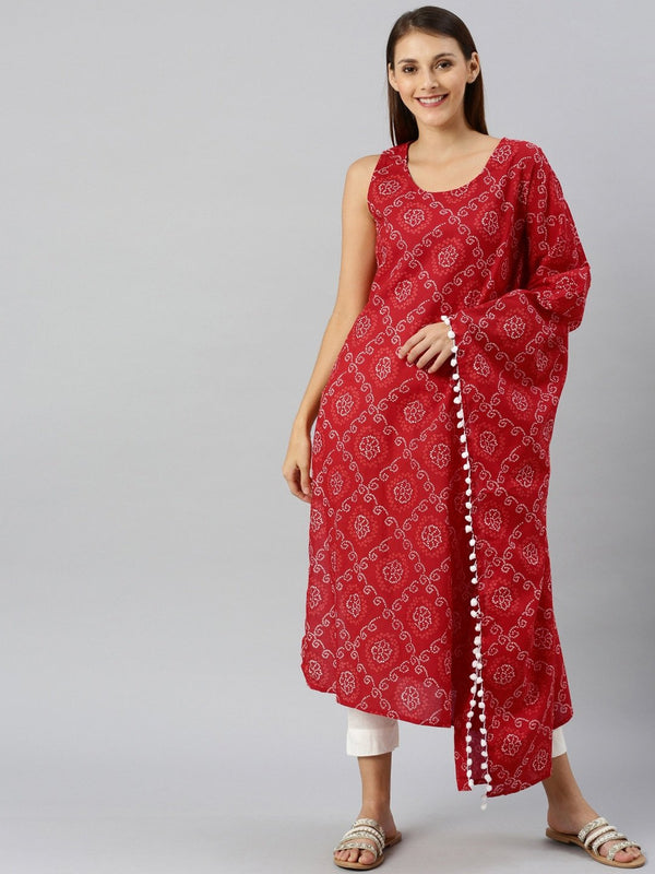 Women's  Red & White Printed A-Line Kurta - AKS