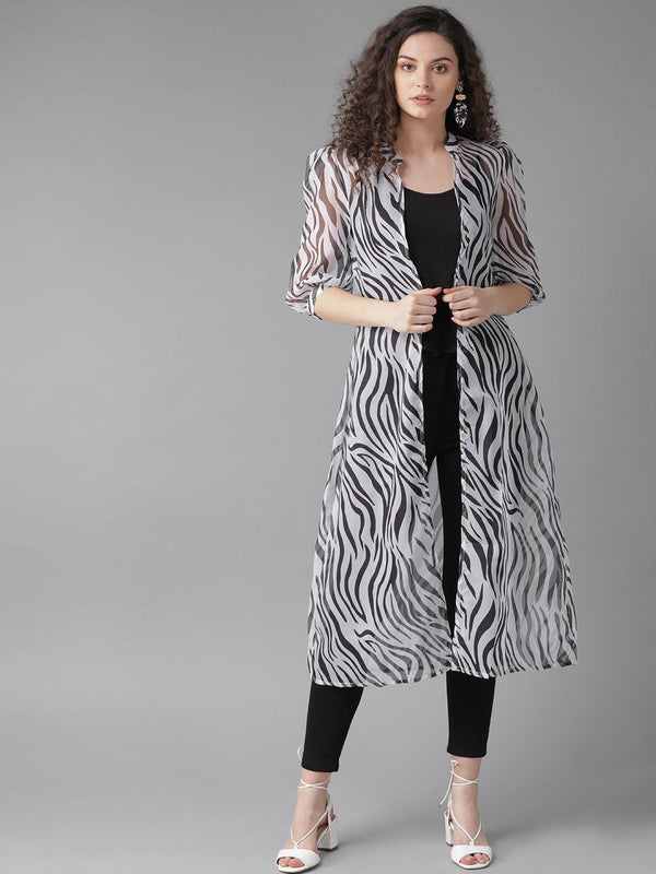 Women's  White & Black Animal Printed Open Front Shrug - AKS