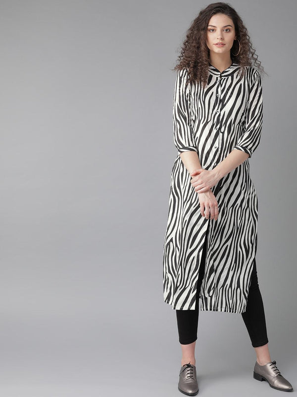 Women's  White & Black Printed Straight Kurta - AKS