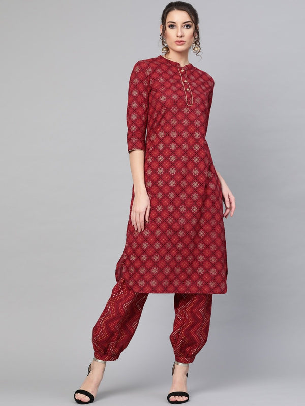 Women's  Maroon & Orange Printed Kurta with Trousers - AKS