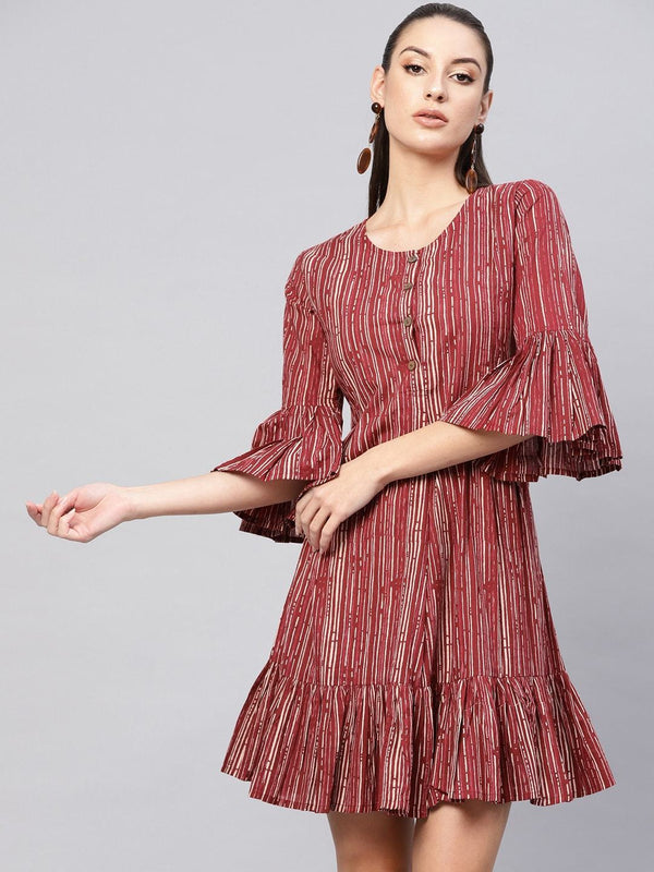 Women's  Maroon & Off-White Striped A-Line Dress - AKS