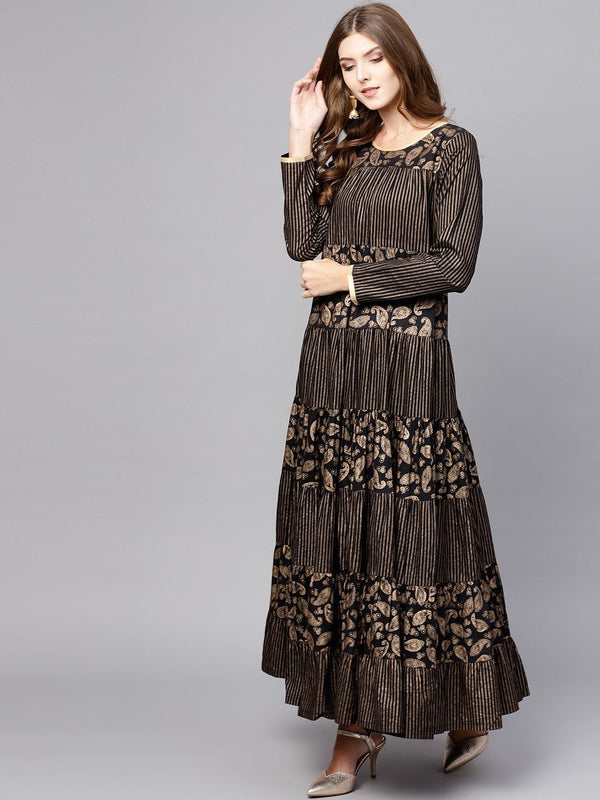 Women's  Black & Golden Printed Tiered Anarkali Kurta - AKS