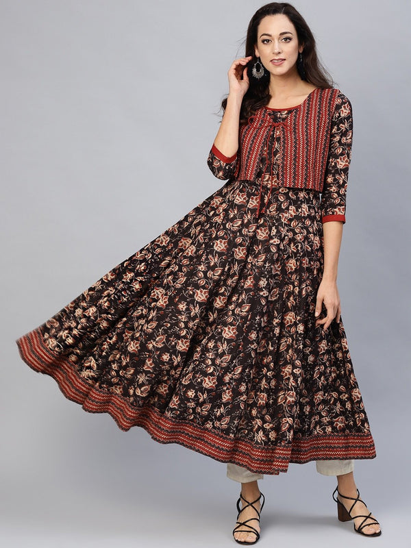 Women's  Coffee Brown & Maroon Printed Anarkali Kurta with Ethnic Jacket - AKS