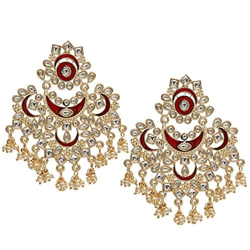 Women's  Gold Platedmaroon Meena Work Kundans & Pearls Chandbali Earrings - i jewels