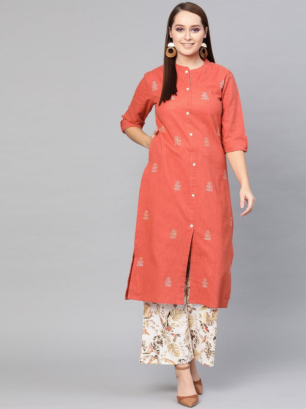 Women's  Rust Orange & Off-White Embroidered Kurta with Palazzos - AKS