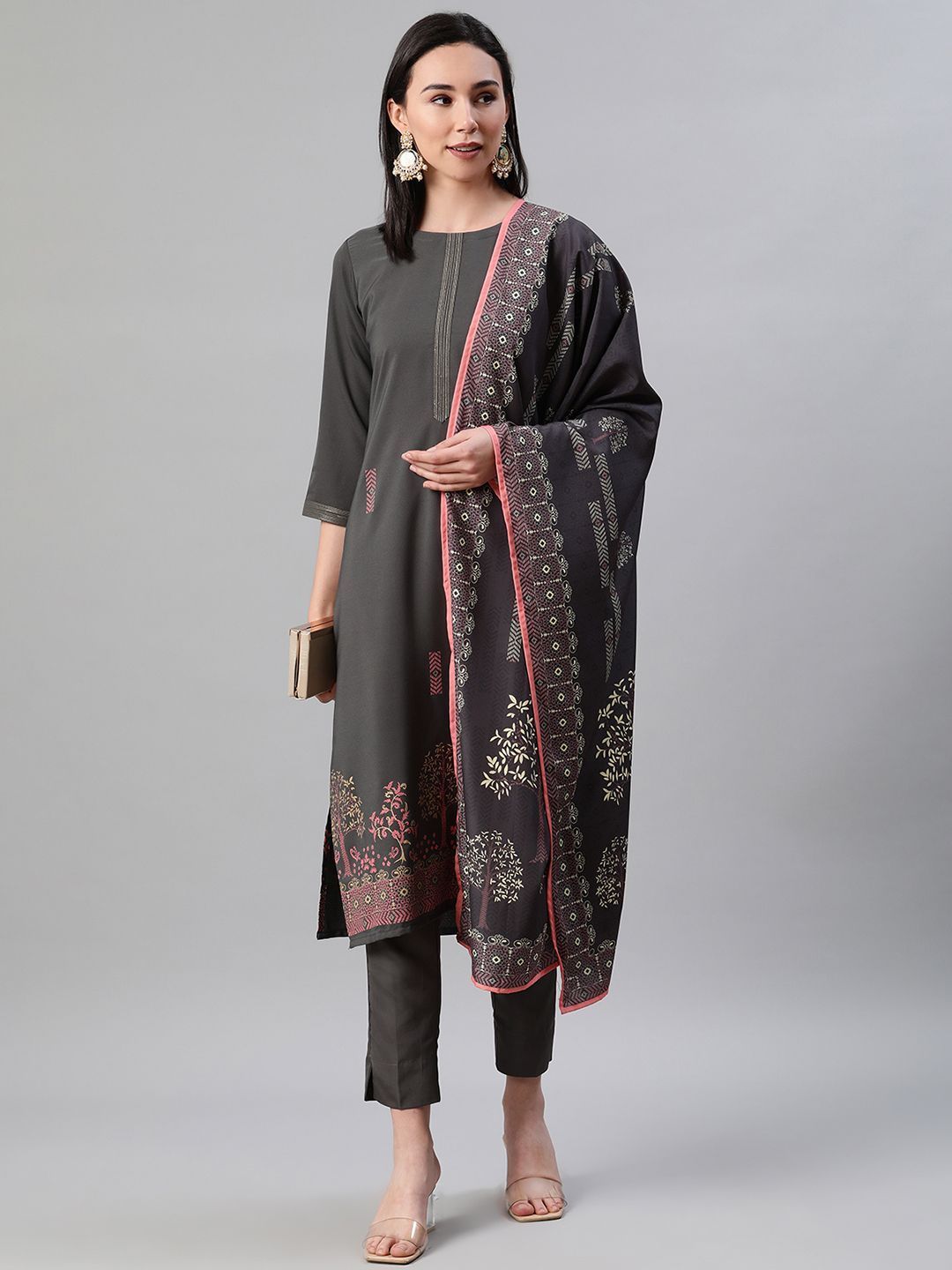 Women's Grey Color Foil Print Straight Kurta,Pant And Dupatta Set - Ziyaa