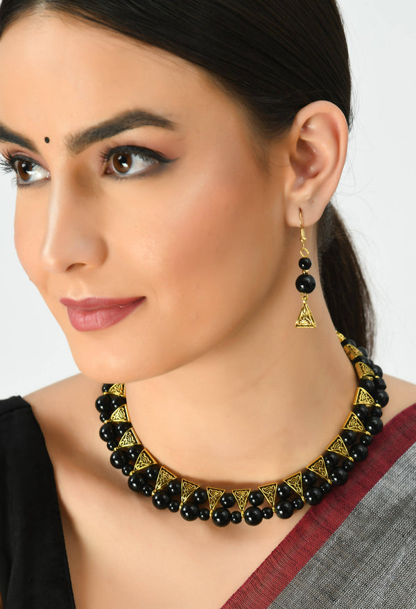 Kamal Johar Gold-Plated Black Pearls Necklace with Earrings Jkms_091