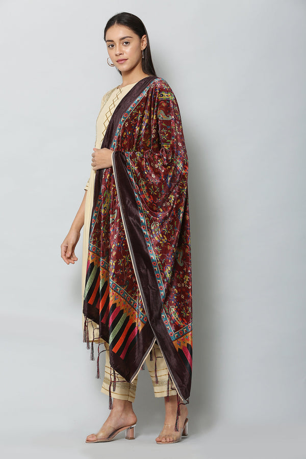 Women's Maroon Color Polyster Velvet  Digital Printed Dupatta - VAABA