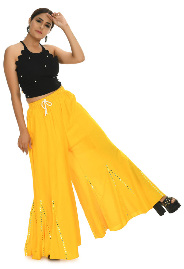 Women's Yellow Viscose Rayon Flared Palazzo With Mirror Lace Work Mfp031 - Moeza