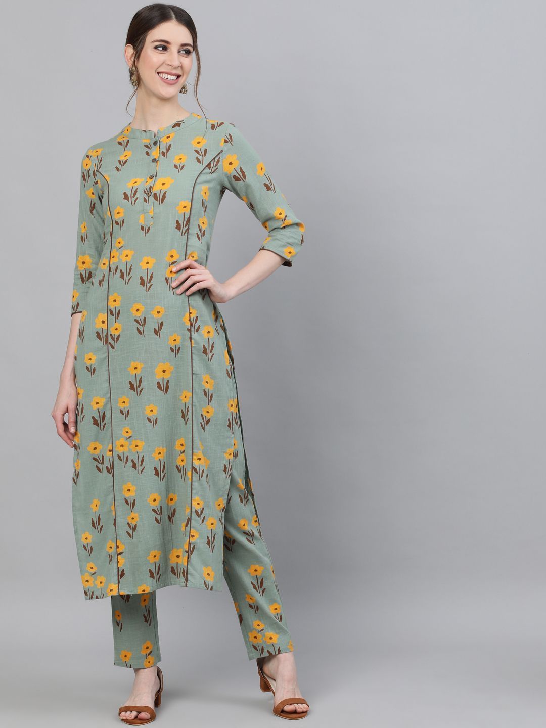 Women's Green & Yellow Floral Printed Kurta Set - AKS