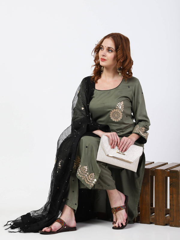 Women's Olive Green & Black Rayon Kurta With Palazzo Pant & Organza Dupatta Set - Cheera USA