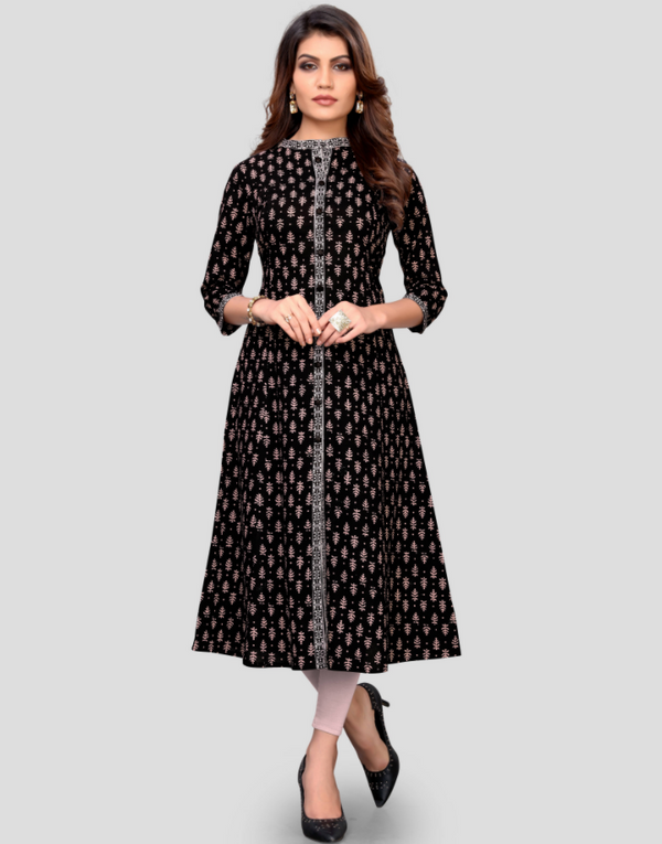 Women's Black Color Cotton Flared Kurta  (1Pc) - Vbuyz