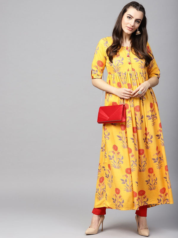 Women's  Mustard Yellow & Rust Orange Printed A-Line Kurta - AKS