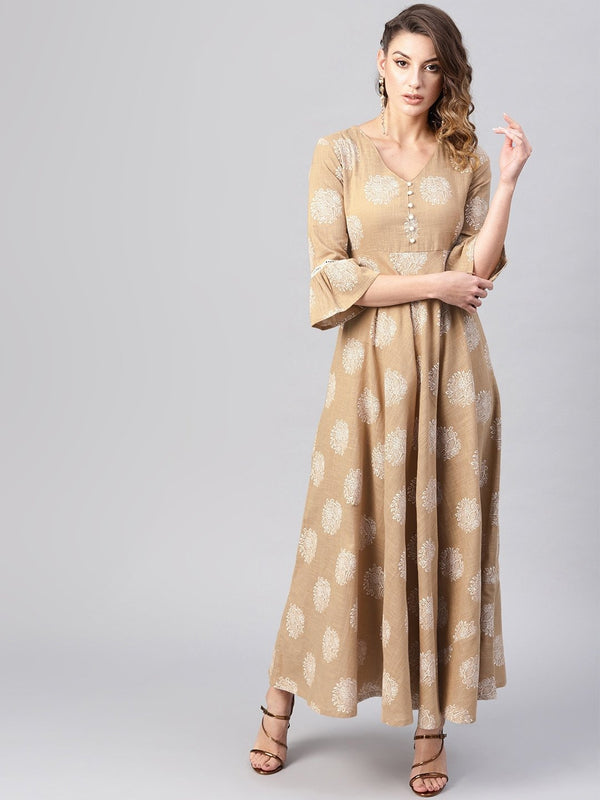 Women's  Beige & White Khari Print Maxi Dress - AKS