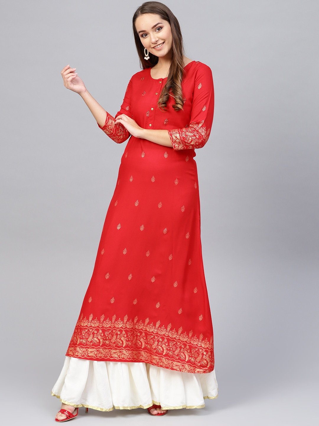 Women's Red & Golden Printed Kurta - Yufta