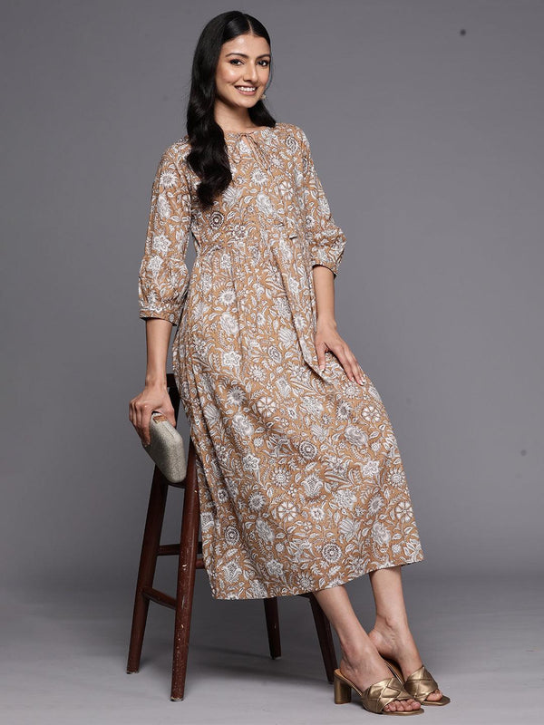 Camel Brown Printed Cotton Empire Dress - Jashvi