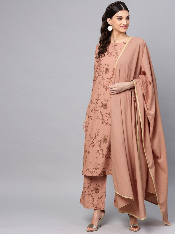 Women's  Brown Printed Kurta with Palazzos & Dupatta - AKS