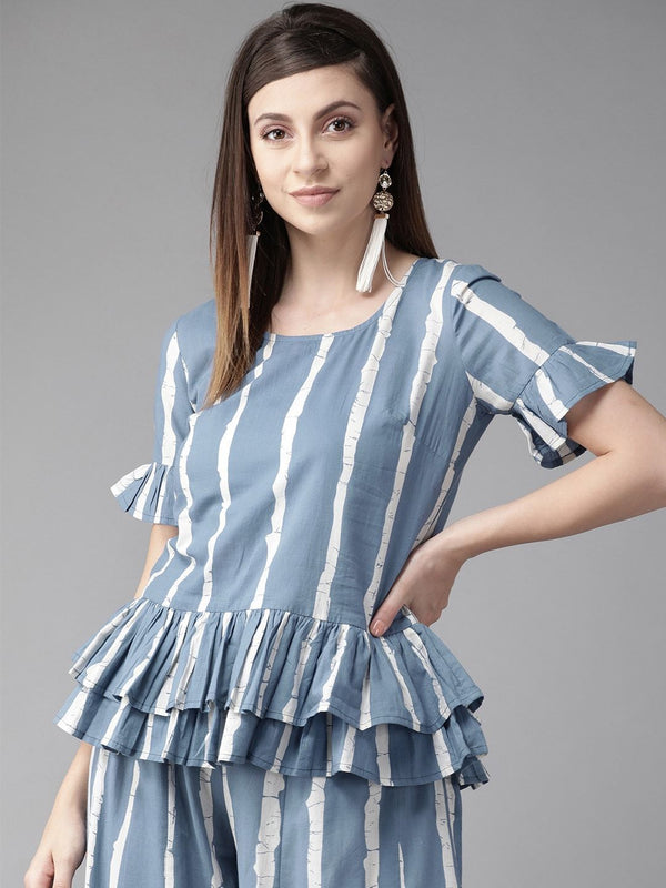 Women's  Blue & White Striped Ruffled A-Line Top - AKS