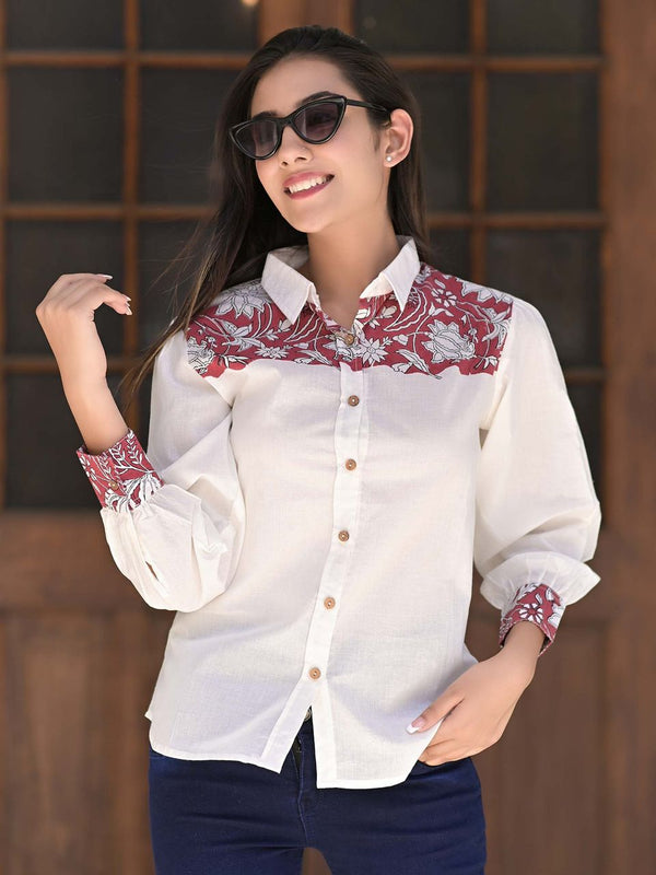 Women's Block Printed White & Red Cotton Shirt - Hatheli