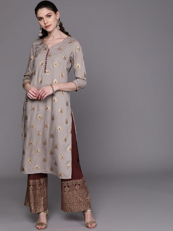 Women's  Grey & Maroon Printed Kurta with Palazzos - AKS