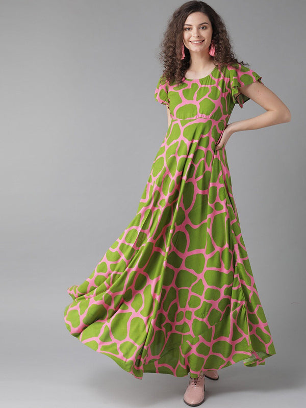 Women's  Green And Pink Printed Maxi Dress - AKS