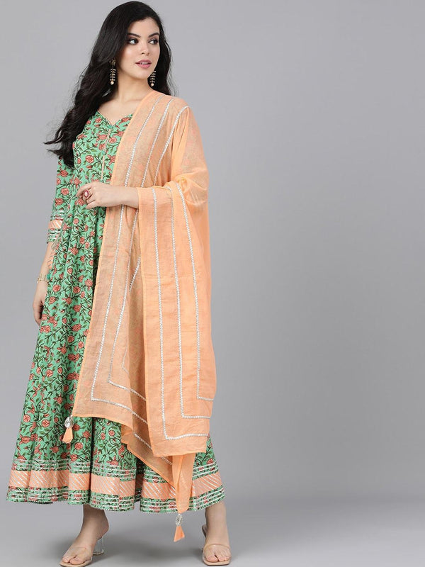 Women's  Green & Peach-Coloured Striped Anarkali Kurta - AKS