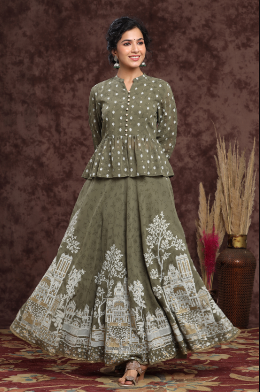 Women's Olive Georgette Printed Lehenga Choli - Juniper