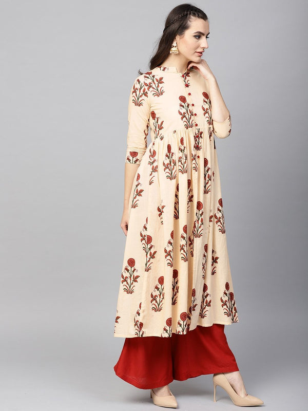 Women's  Cream-Coloured & Maroon Floral Print A-Line Kurta - AKS