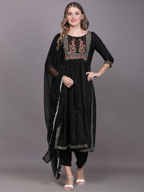 Women's Black Floral Yoke Design Thread Work Kurta With Palazzos & With Dupatta - Noz2Toz