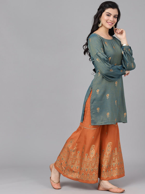 Women's  Grey & Orange Self Design Kurta with Sharara - AKS