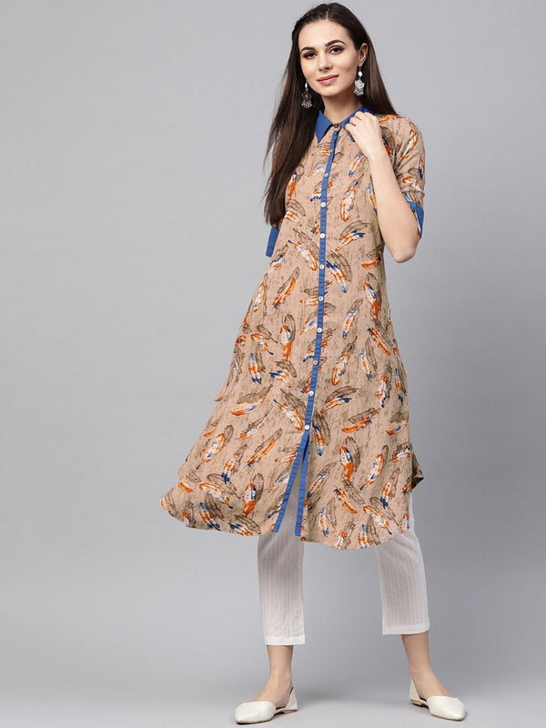 Women's  Beige & Rust Orange Feather Print A-Line Kurta - AKS