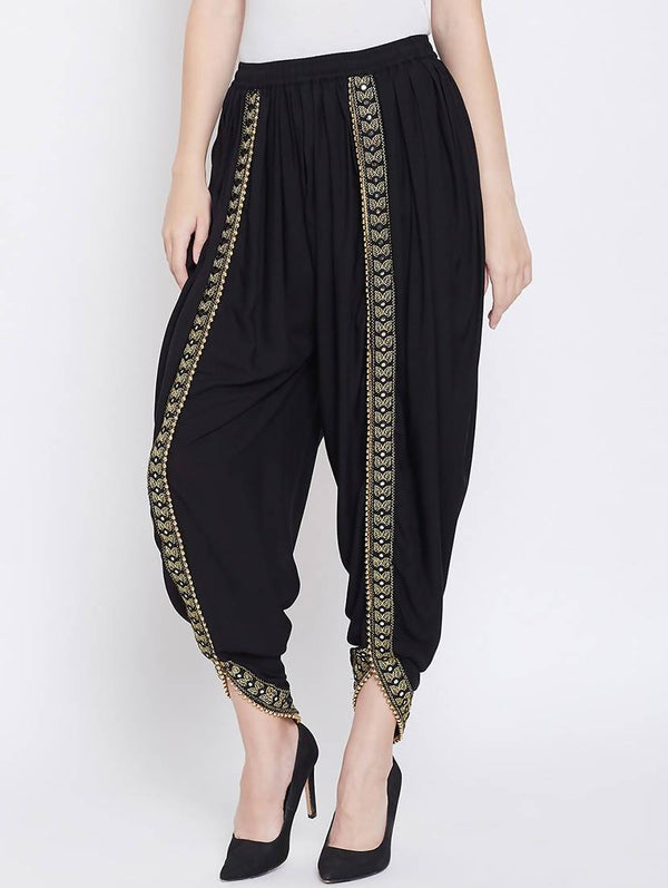 Women's Black Viscose Rayon Dhoti With Golden Lace - Cheera