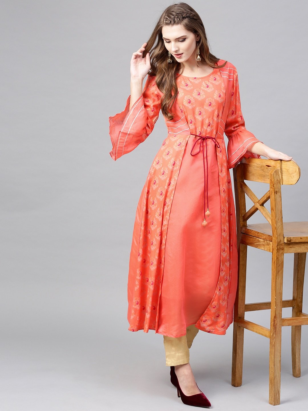 Women's Coral Orange A-Line Kurta - Yufta