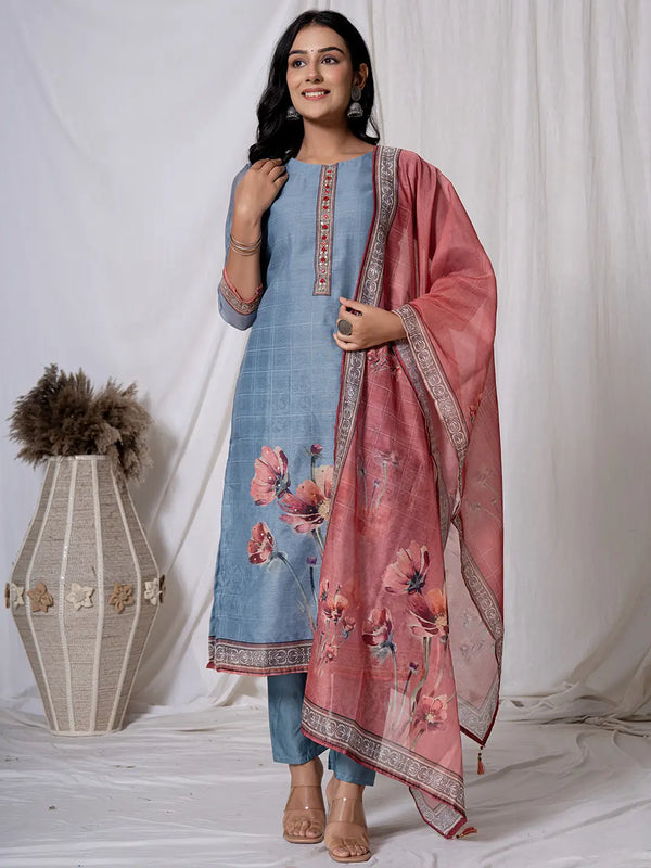 Chanderi Blue Kurta Dupatta Set