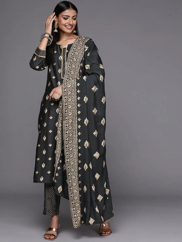 Charcoal Printed Silk Blend Straight Suit Set - Jashvi