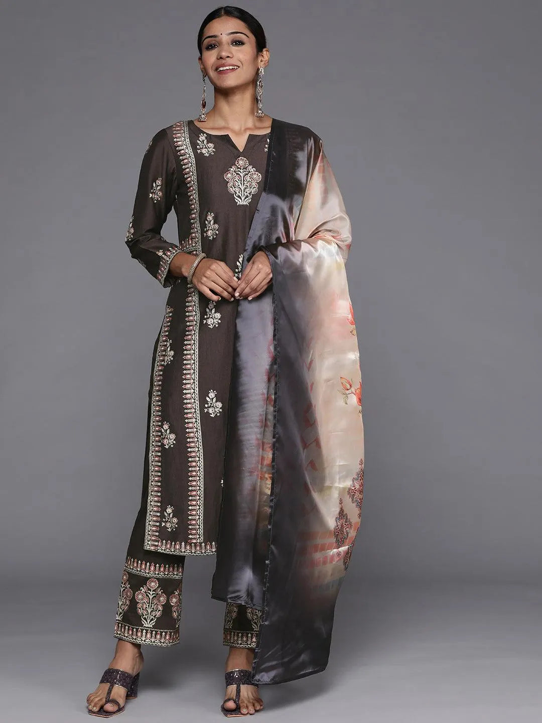 Charcoal Printed Silk Blend Straight Suit Set With Trousers - Jashvi