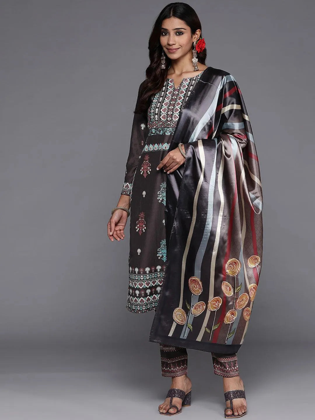 Charcoal Printed Silk Blend Straight Suit Set With Trousers - Jashvi