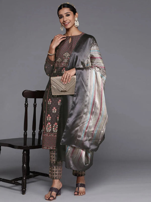 Charcoal Printed Silk Blend Straight Suit Set With Trousers - Jashvi