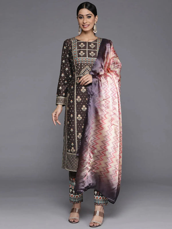 Charcoal Printed Silk Blend Straight Suit Set With Trousers - Jashvi