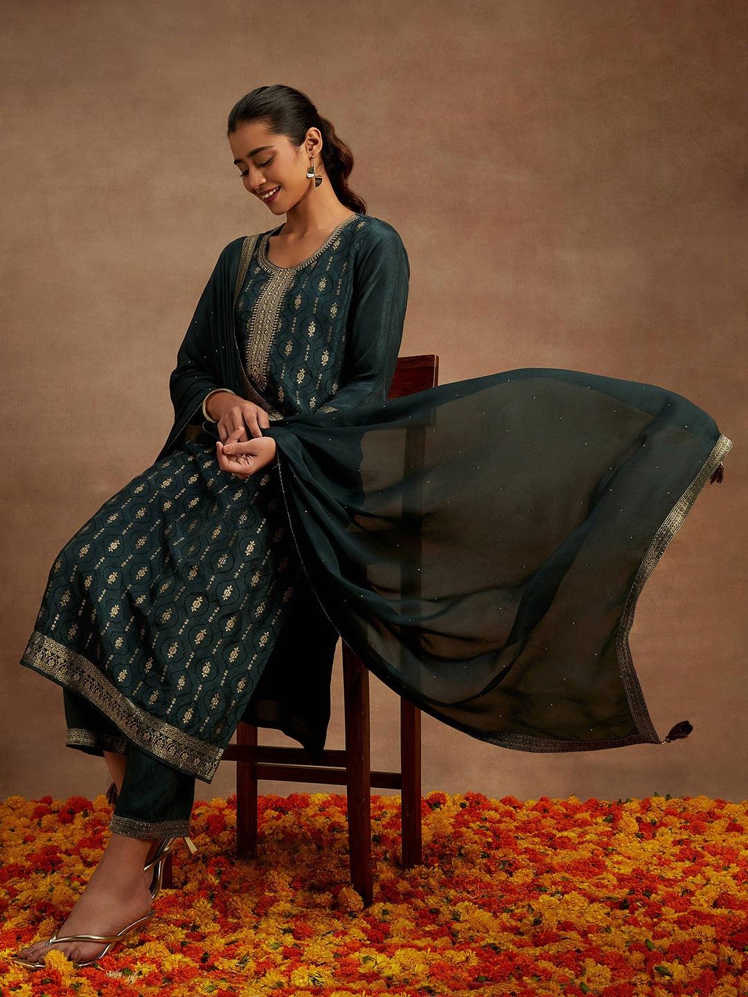 Charcoal Printed Silk Blend Straight Kurta With Trousers & Dupatta - Jashvi