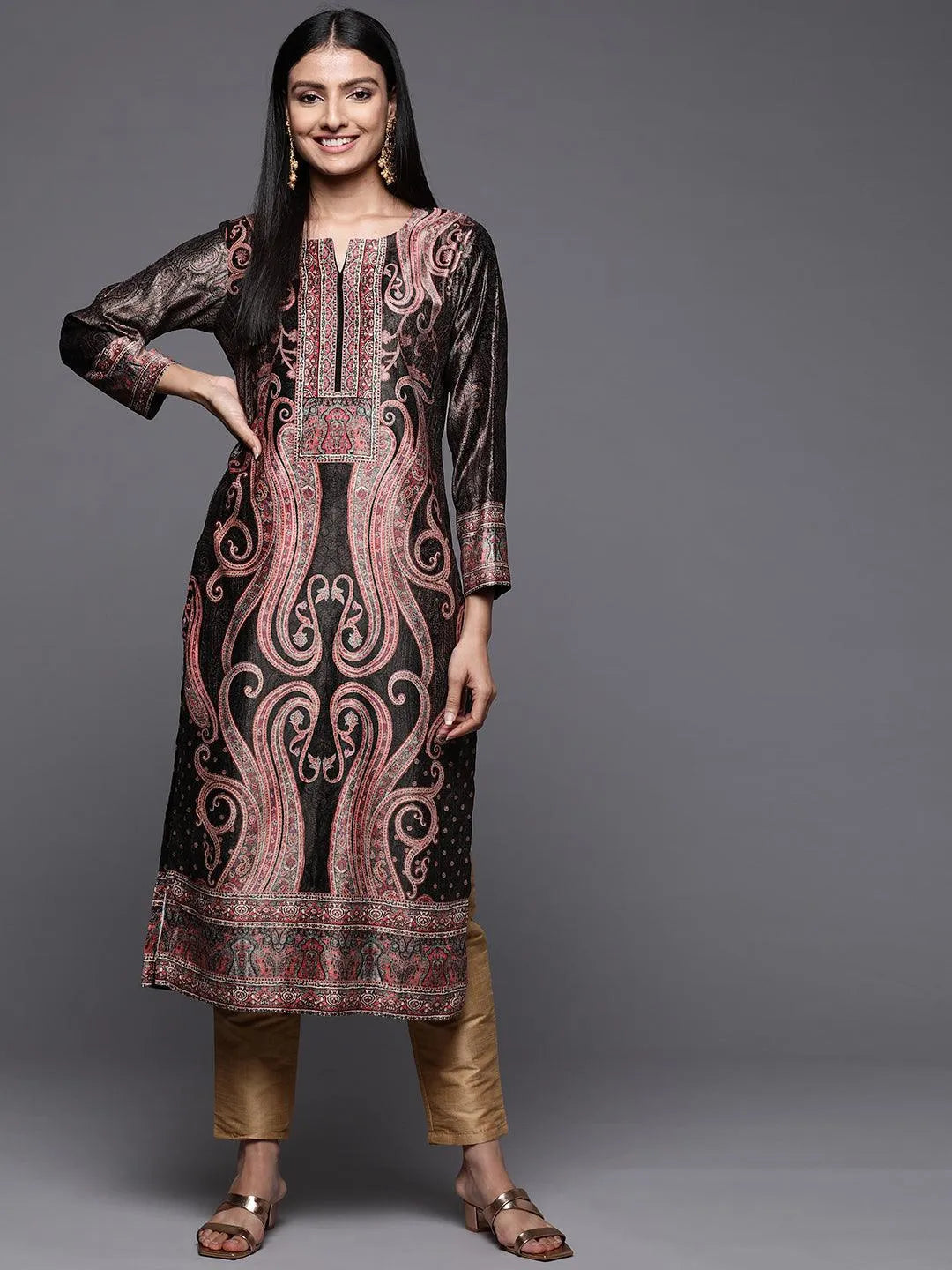 Charcoal Printed Velvet Straight Kurta - Jashvi