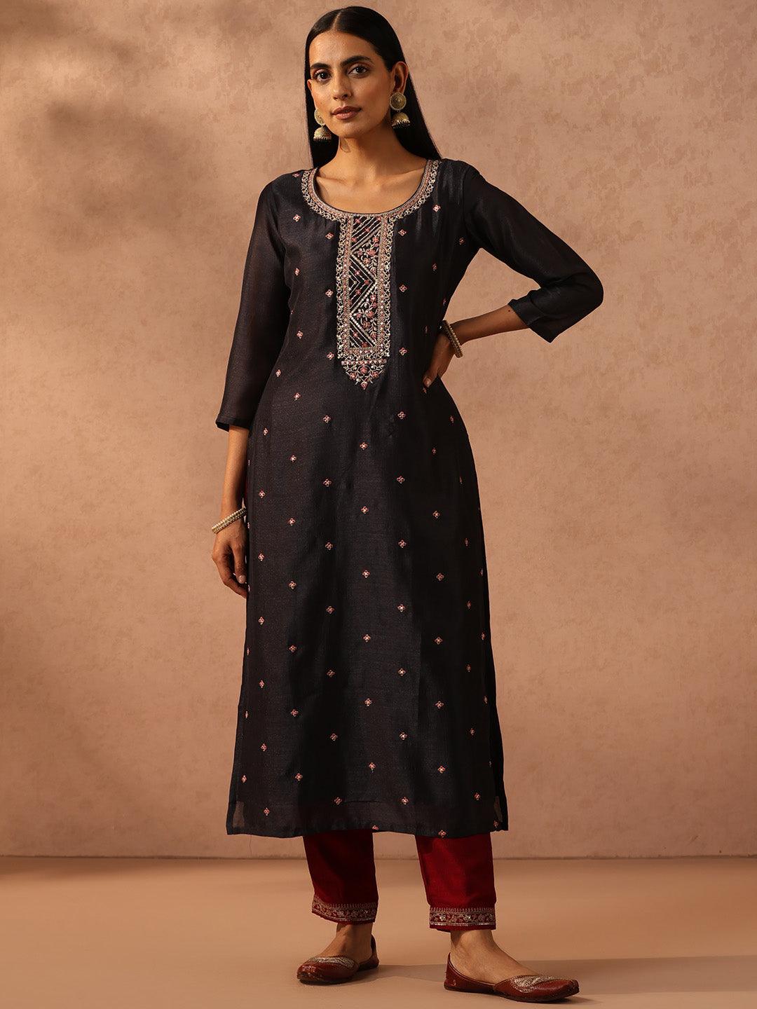 Charcoal Embellished Silk Straight Kurta - Jashvi