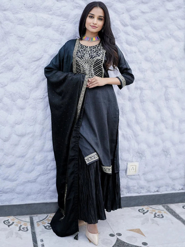 Charcoal Yoke Design Silk Blend Straight Kurta With Sharara & Dupatta - Jashvi