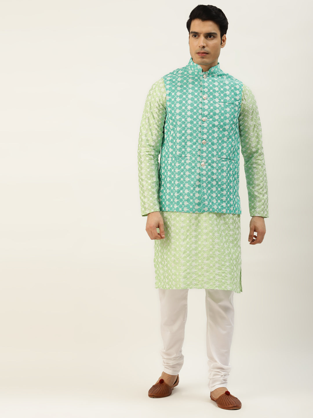 Sojanya Men's Silk Blend Limegreen Embroidered Kurta & Ramagreen Nehrujacket With White Pyjama Combo - Sojanya