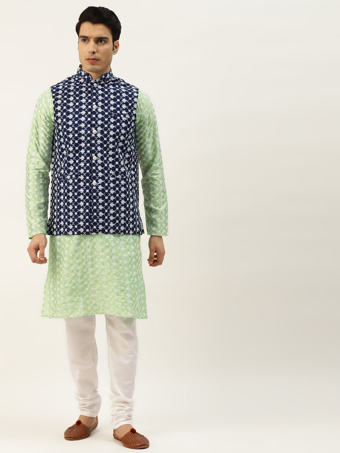 Sojanya Men's Silk Blend Limegreen Embroidered Kurta & Navy Nehrujacket With White Pyjama Combo - Sojanya