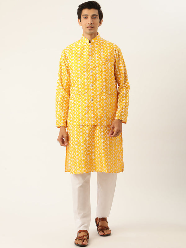 Sojanya Men's Silk Blend Yellow Kurta & Nehrujacket With White Pyjama Combo - Sojanya