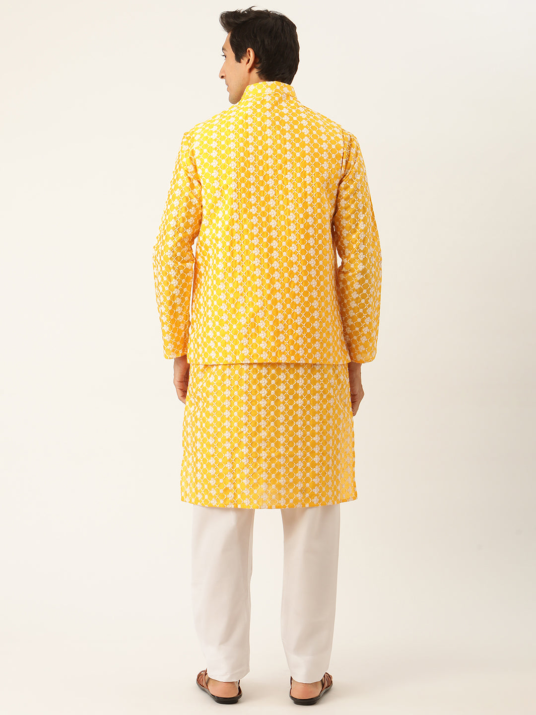 Sojanya Men's Silk Blend Yellow Kurta & Nehrujacket With White Pyjama Combo - Sojanya